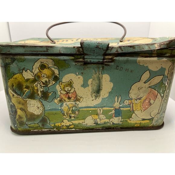 Antique Peter Rabbit Candy Tin Litho Kandies For The Kiddies Tindeco - Picture 1 of 12